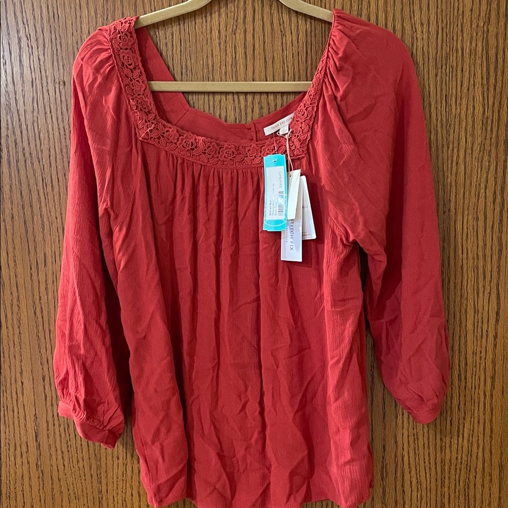 Skies Are Blue Red Blouse with Lace Detail